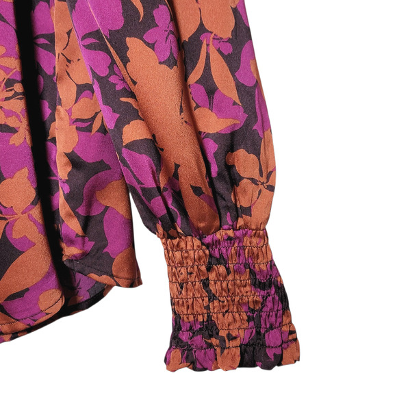 Pleione Floral Silky Blouse Scoop Neck Long Sleeve Purple Orange Black Top Large - Picture 5 of 13